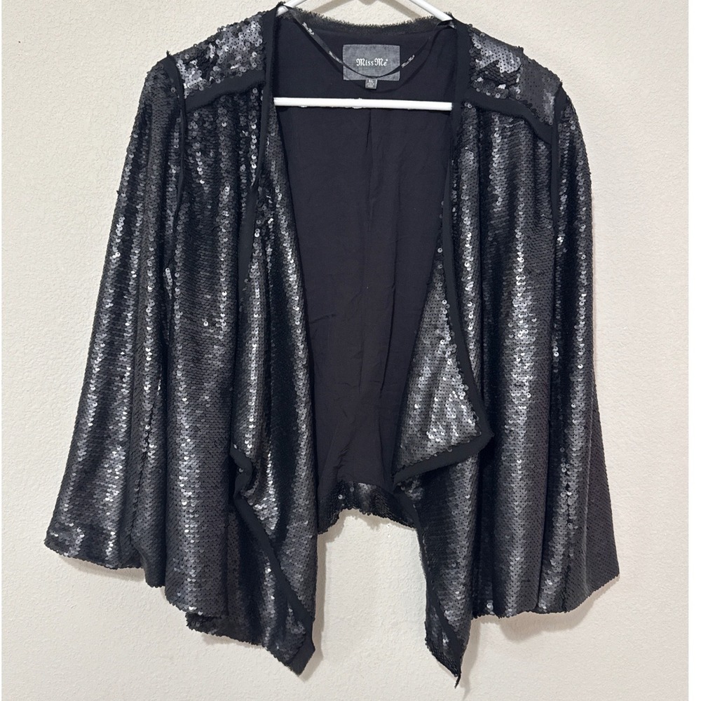 Miss Me Sequin Blazer Women XL Black Open Front Draped Waterfall